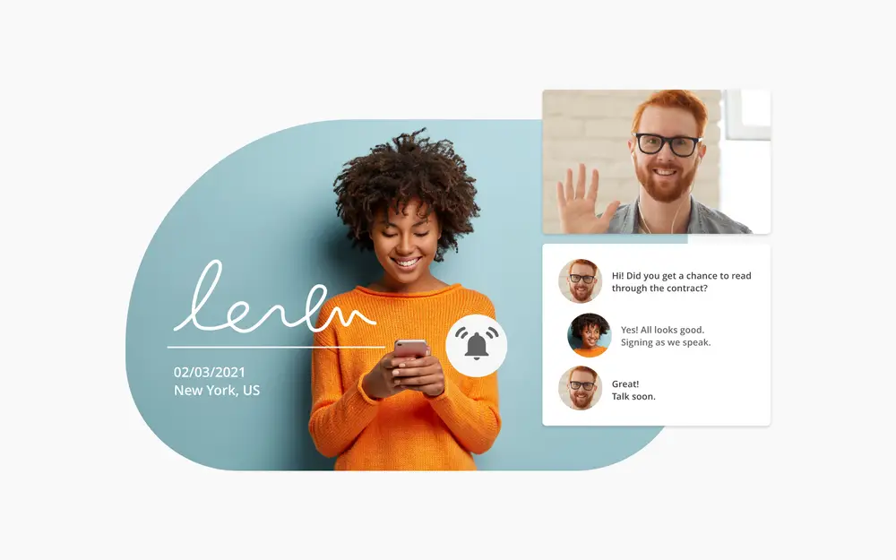 Ung kvinne skriver på smarttelefonen sin. Tekst: 02.03.2021 New York, USA. Innfelt rute med mann som hilser med hevet hånd og utdrag fra chatsamtale mellom mannen og kvinnen.